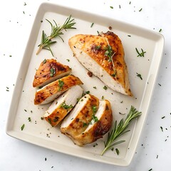 Top-Down View of Juicy Grilled Chicken Breast Pieces Served on a Plate, Square Format on white background