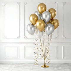Vertical Composition of Sophisticated Birthday Balloons in a Refined Party Setting on white background