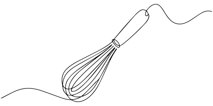 Continuous one line drawing of a balloon whisk kitchen tool minimalist style vector illustration, Balloon Whisk continuous one line drawing illustration. Whisk Continuous Line Art, Cooking whisk one