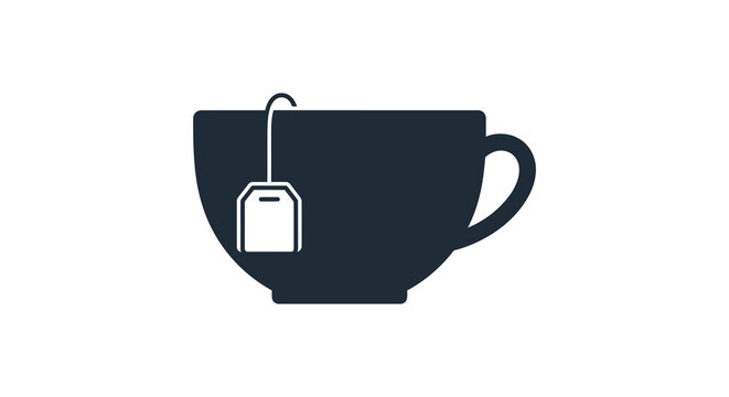 A dark minimalist graphic displays a teacup with a teabag creating a striking visual representation of relaxation presented as a silhouette