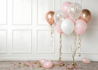 Vertical Composition of Sophisticated Birthday Balloons in a Refined Party Setting on white background