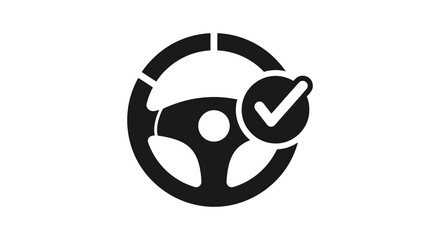 A minimalist black design depicts a person driving with a steering wheel and a checkmark a striking silhouette high quality © Pvect02