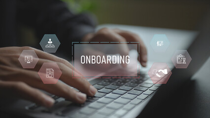 Obraz premium Employee onboarding concept focused on efficiency, engagement and smooth integration. Professional guiding new hires using a laptop based digital interface.