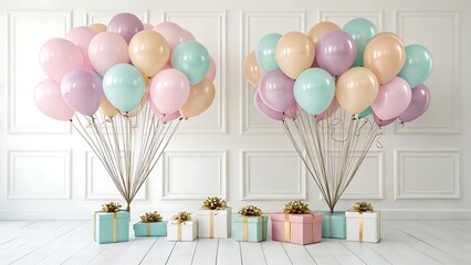 Wide-Angle View of Elegant Birthday Balloons Arranged for a Celebration, Landscape Ratio on white background