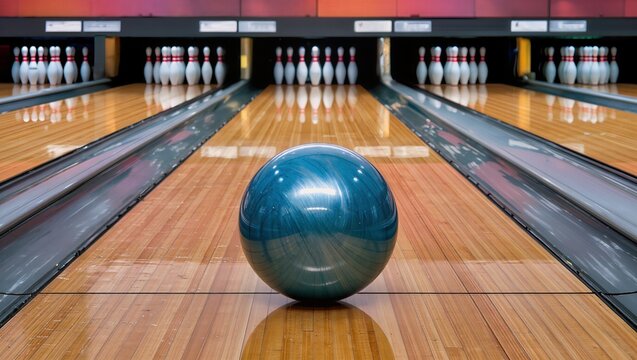 Blue bowling ball positioned on wooden lane in a bowling alley, with pins arranged in the background and colorful lighting illuminating the scene