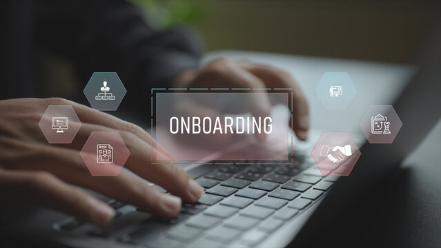 Employee onboarding concept focused on efficiency, engagement and smooth integration. Professional guiding new hires using a laptop based digital interface.