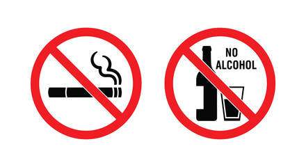 Two red prohibition signs display a no smoking symbol and a crossed out glass of alcohol silhouette high quality professional detailed © Pvect02