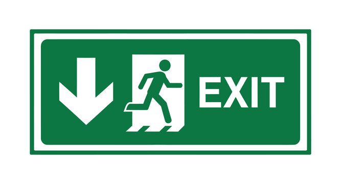 Standard green and white emergency exit sign featuring a running person pictogram and a clear downward arrow indicating the escape route.