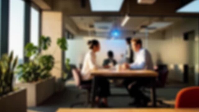 Two professionals discussing work in a modern, bright office space with plants and large windows.