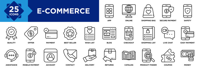 E-commerce icon collection set. Containing Online, Shopping Bag, Secure Payment, Shopping List, Wish List, Safety, Live Chat, Money, Easy Payment, Coupon icon