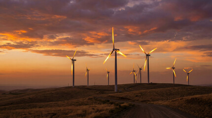 Obraz premium Wind Turbines at Sunset with Dramatic Sky