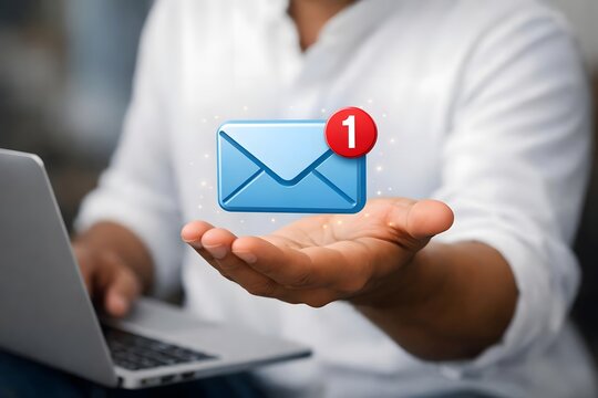 Marketing concept. Customer service call center contact us. Man using laptop pc with email icon. Direct selling project in customer list business for email. 
