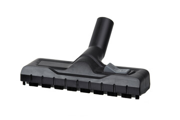 Vacuum cleaner floor brush head isolated on white background, household cleaning accessory with bristles and plastic nozzle.