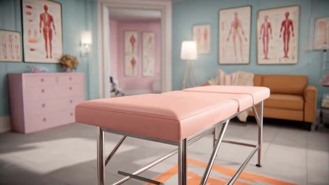 Medium shot showcasing a pediatric exam room in pastel colors highlighting a clean exam table and cartoonstyle anatomy charts blurred in the background.