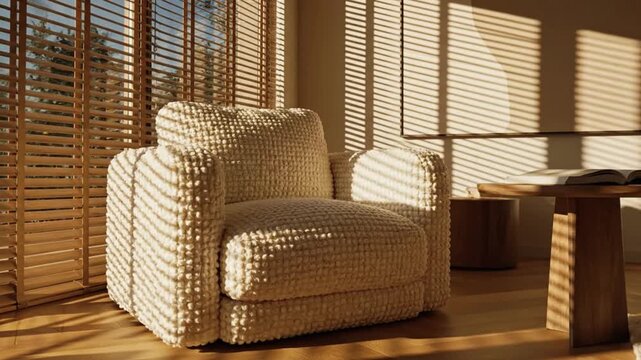 Cozy reading corner with textured armchair, wooden side table, and window blinds casting striped sunlight shadows on wall. Generative AI video.