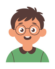 Obraz premium Cartoon illustration of a smiling young boy with glasses and brown hair wearing a green shirt.