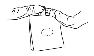 Fast Delivery Parcel Concept, Line Art Illustration, Simple Doodle Delivery Icon, Courier Delivers, Bag, Delivery Hand to Hand
