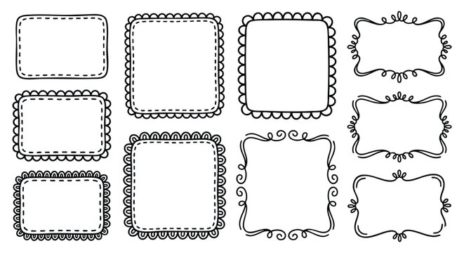 Hand drawn doodle frames and borders set with scalloped and ornamental edges in a simple sketch style. A vector illustration collection for creating photo layouts, journaling, and invitations.