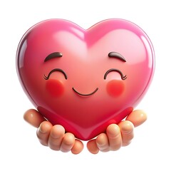 Pink heart character held by gentle hands love affection