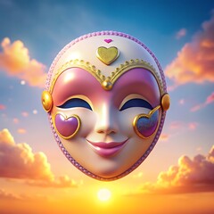 Venetian Mask Floating Above Sunset Sky with Clouds