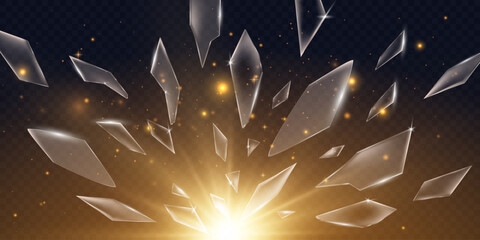 Glass Shards Explosion with Golden Light on Transparent Background