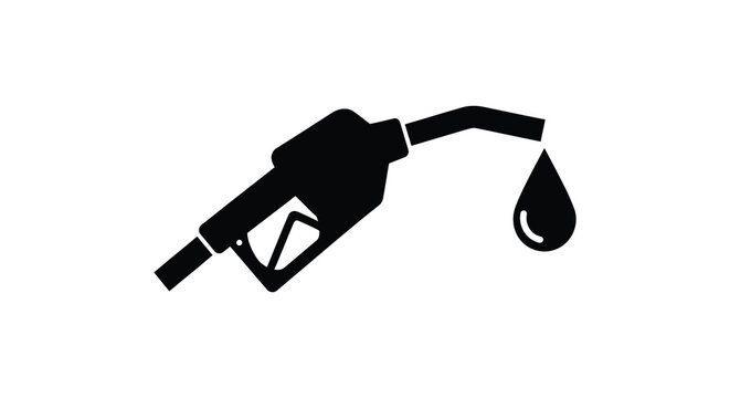 A stark black silhouette depicts a gasoline fuel nozzle with a single droplet symbolizing energy and fuel consumption silhouette