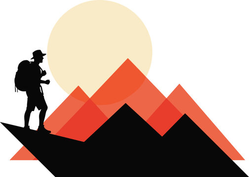 Mountain hiking silhouette illustration vector, backpacker adventure landscape graphic, outdoor travel explorer concept, sunset mountains minimalist design