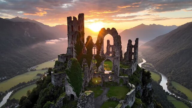 Aerial view of ancient ruined castle on hilltop at sunset, surrounded by mountains and river