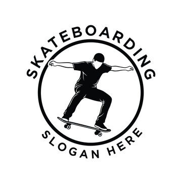 Skateboarding logo design vector, skateboarder silhouette illustration, urban street sport emblem, extreme action icon, black white graphic