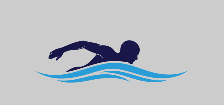 Swimming logo design vector, swimmer silhouette illustration, freestyle swimming icon, water wave graphic, aquatic sport branding symbol