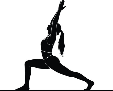 Yoga warrior pose silhouette vector, female fitness stretching illustration, meditation wellness exercise graphic, black minimal yoga design