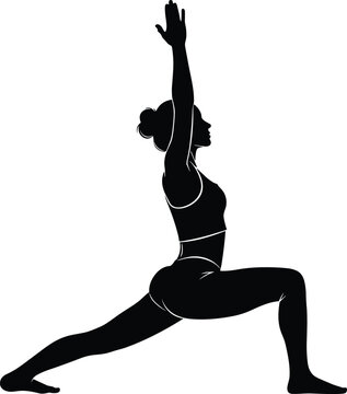 Yoga pose silhouette vector, warrior yoga posture illustration, female fitness meditation graphic, wellness exercise icon, black minimal design