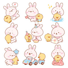Obraz premium Kawaii bunny with duckling. Best friends, bunnies and ducklings spend time together, riding, walking, celebrating birthday, swimming. Farm animals, nowaday vector set