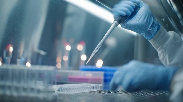 Medium shot capturing precise pipetting action inside a biosafety level 2 laminar flow hood gloved fingers in focus and the shield and workspace softly blurred.