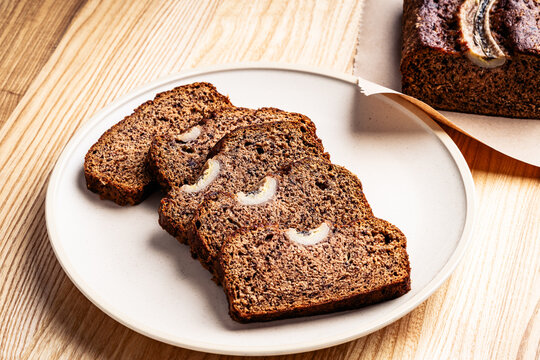 Slices of banana bread on plate