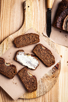 Slices of banana bread on plate viewed from above