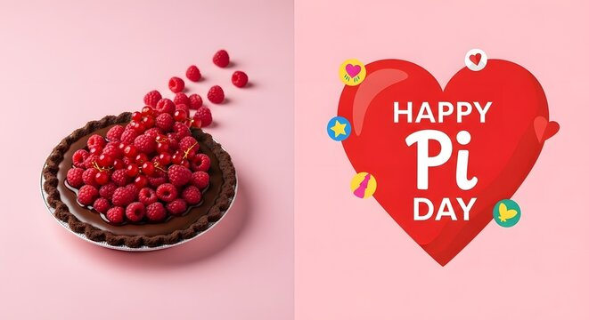 Happy pi day background with raspberry pi cake and heart design