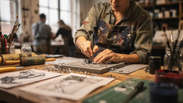 Medium shot of a person carving a linocut print in a community workshop surrounded by blurred tools and creative materials on the table.