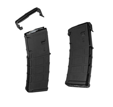 Two black polymer rifle magazines with a protective dust cap on a white back