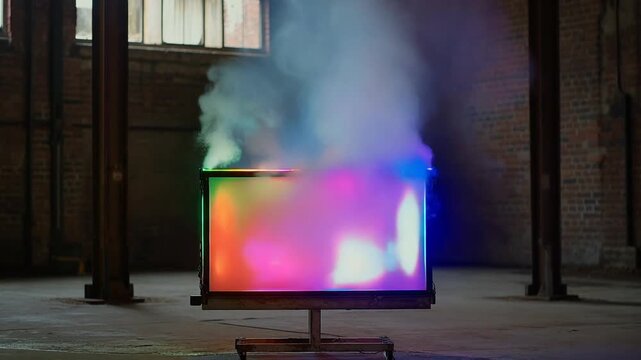 Burning old television set with smoke and colorful screen in abandoned industrial warehouse