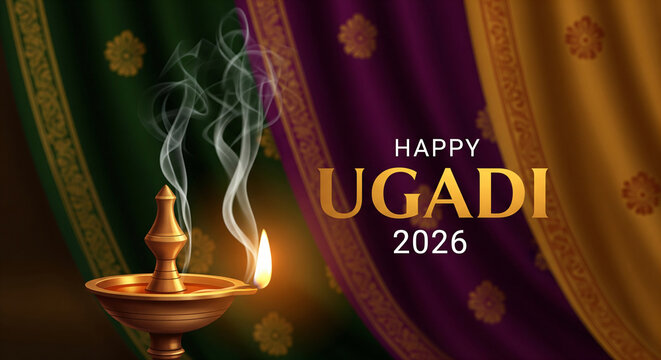 Happy ugadi 2026 message brass oil lamp diya flame light hindu new year festival tradition culture celebration ritual auspicious prayer worship religion wood See Less