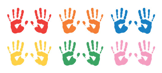 Colorful child handprint collection, showcasing left and right handprint sets for preschool activities, creative designs, and fun educational illustrations. © Dalim 4