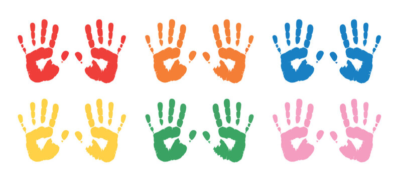 Colorful child handprint collection, showcasing left and right handprint sets for preschool activities, creative designs, and fun educational illustrations.