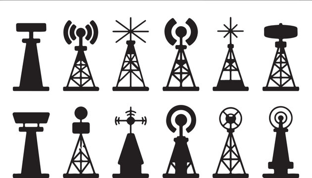 Collection of various communication and broadcasting tower silhouettes