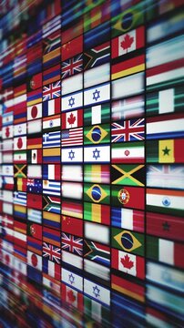 All Countries Of The World Flags Vertical Background
Animation of a vertical design abstract 3d background with international world flags icons mosaic shifting and speed effect along with depth of blu