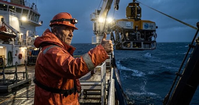 Ocean exploration scientist directing submersible deployment at night