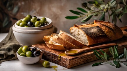 Green olives, bread, olive oil