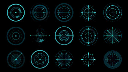 Collection of teal and cyan targeting reticles on a black background