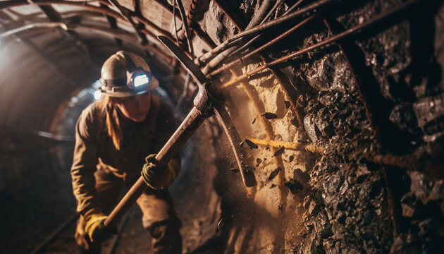 A miner in a hard hat and headlamp digs with a pickaxe in a dimly lit underground tunnel