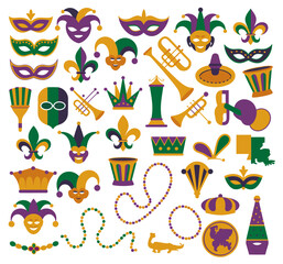 Fototapeta premium Mardi Gras carnival set icons in flat style featuring masks feathers beads jester hat and fleur de lis symbols for festival design branding posters and celebrations